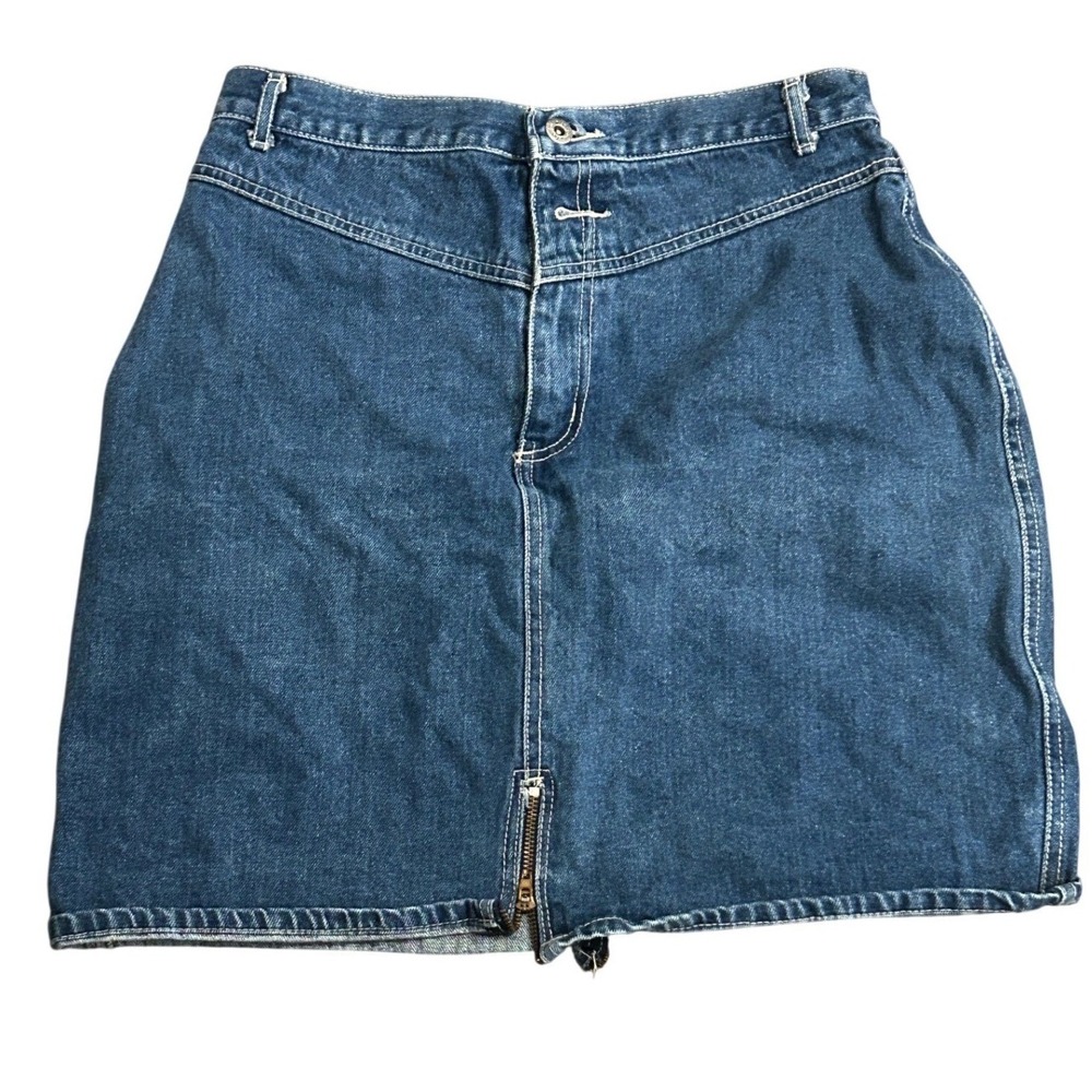 Vintage 80s Bon Jour‎ Denim Mini Skirt High Waist 30 Front Back Hem Zipper